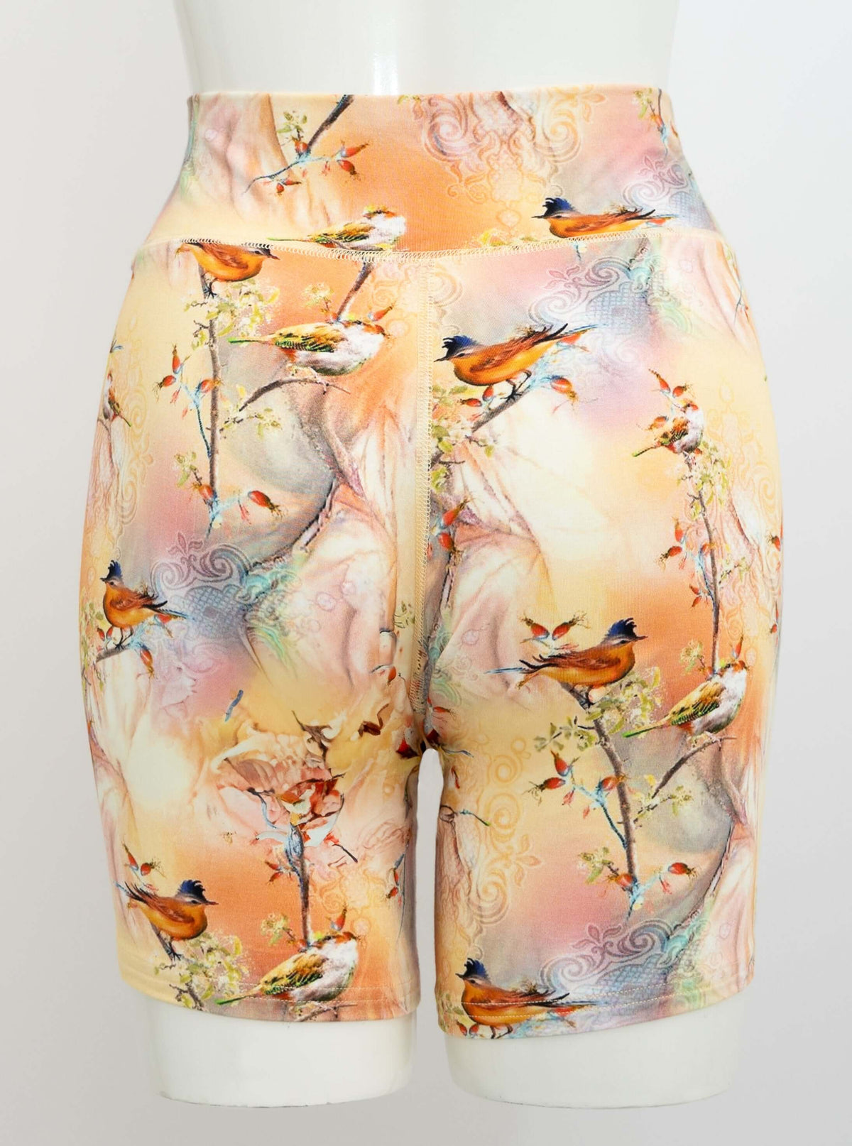 Back view of Hallie Bamboo Shorts showcasing the vibrant bird pattern