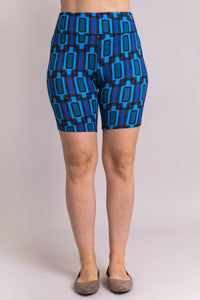 Women's blue Fairlane print biker shorts for yoga, workout, or casual wear. Made with comfortable, stretchy, and sustainable natural fibers.