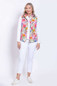 Full body front view of woman wearing Hartford Pink Print Vest and casual white outfit