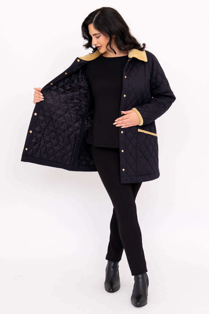 Woman showing inside lining of black quilted cotton coat