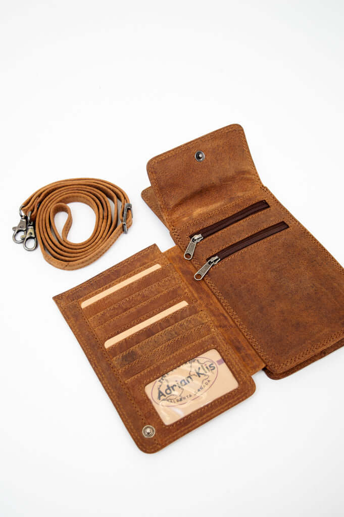 Interior view of brown leather wallet showing card slots and zippered compartments