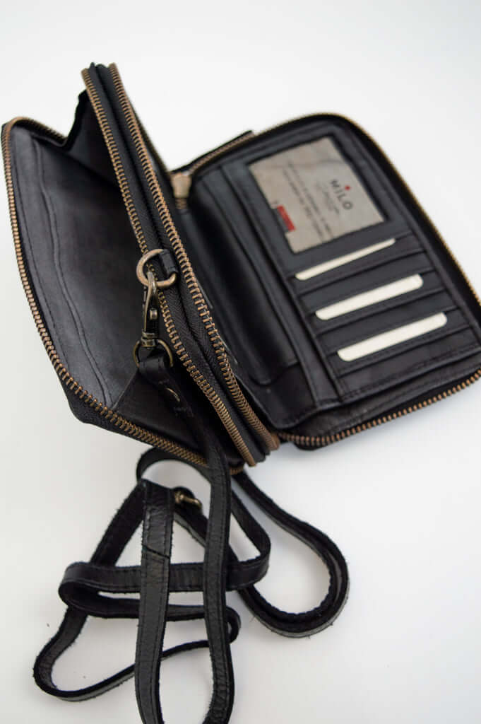 Interior view of black leather crossbody wallet showing card slots and compartments
