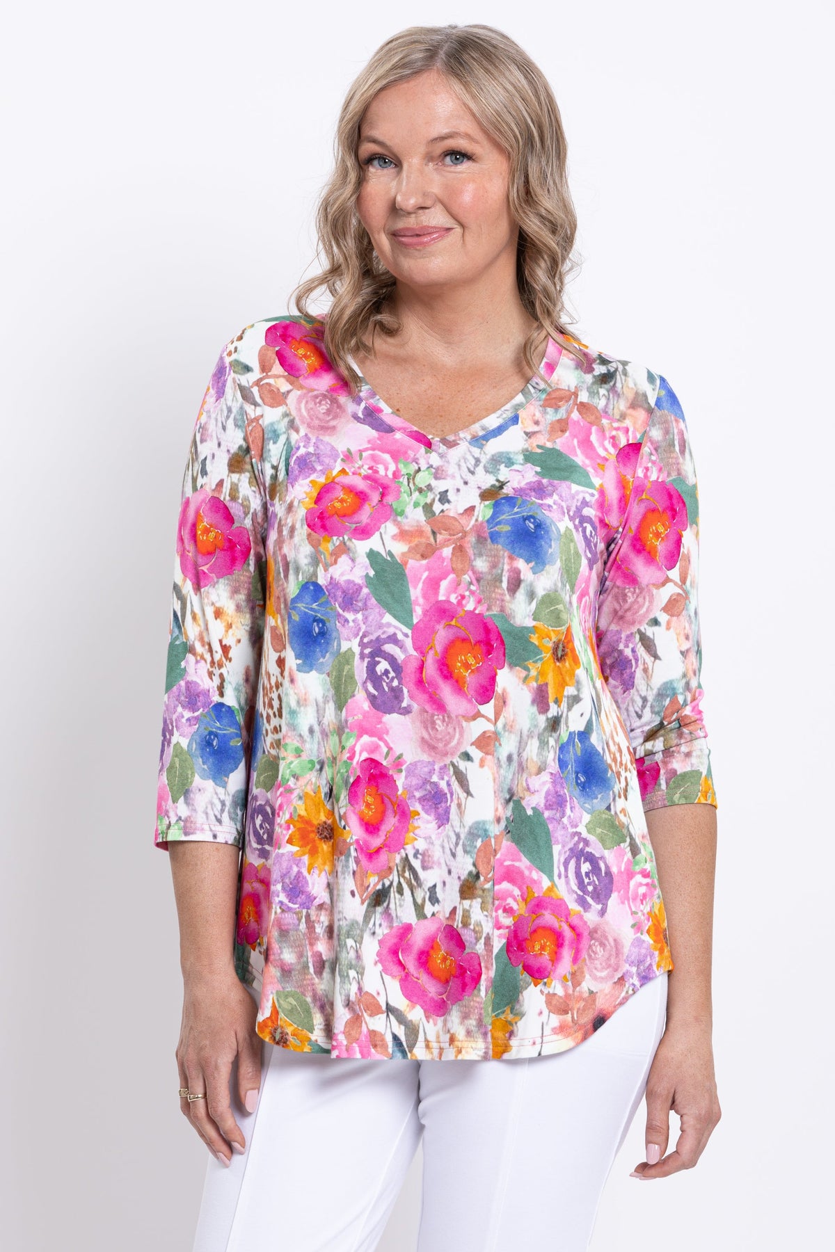 Jackie 3/4 Top, Pink Bouquet, Bamboo