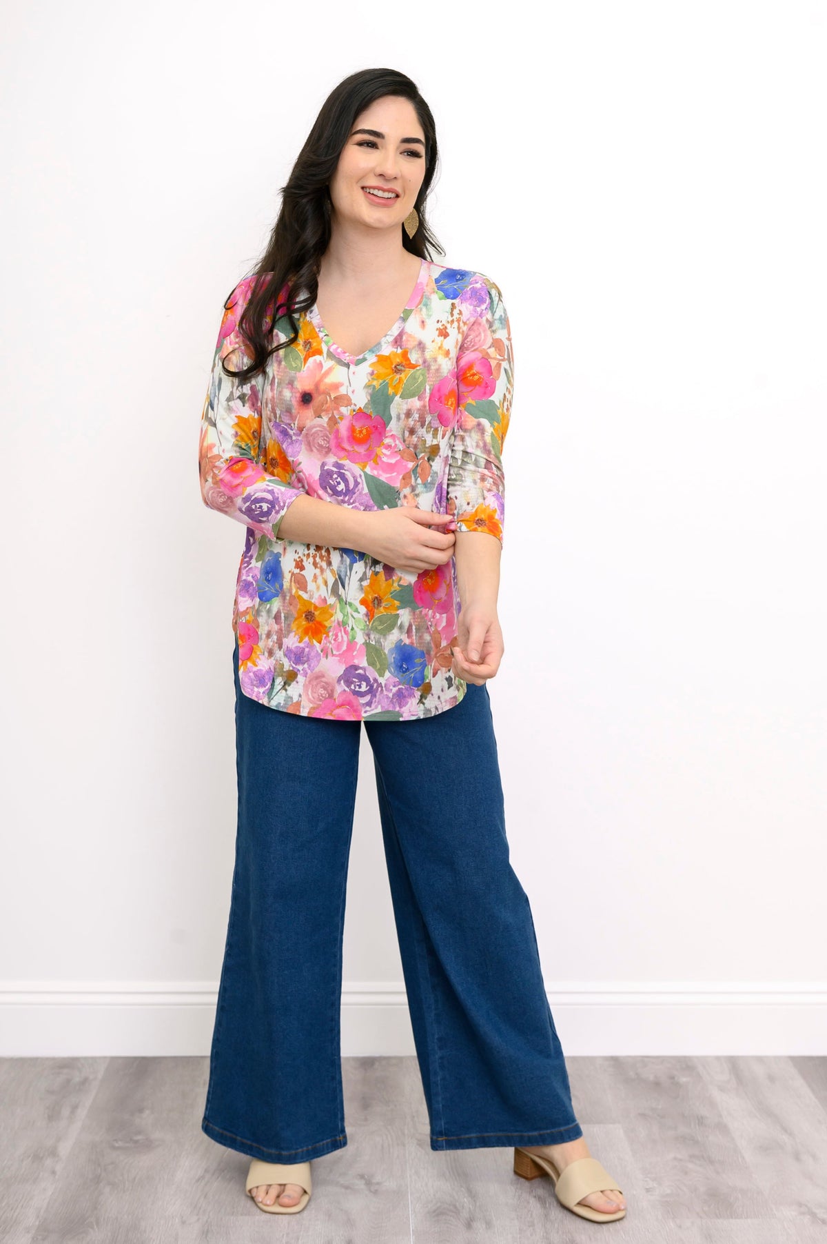 Jackie 3/4 Top, Pink Bouquet, Bamboo