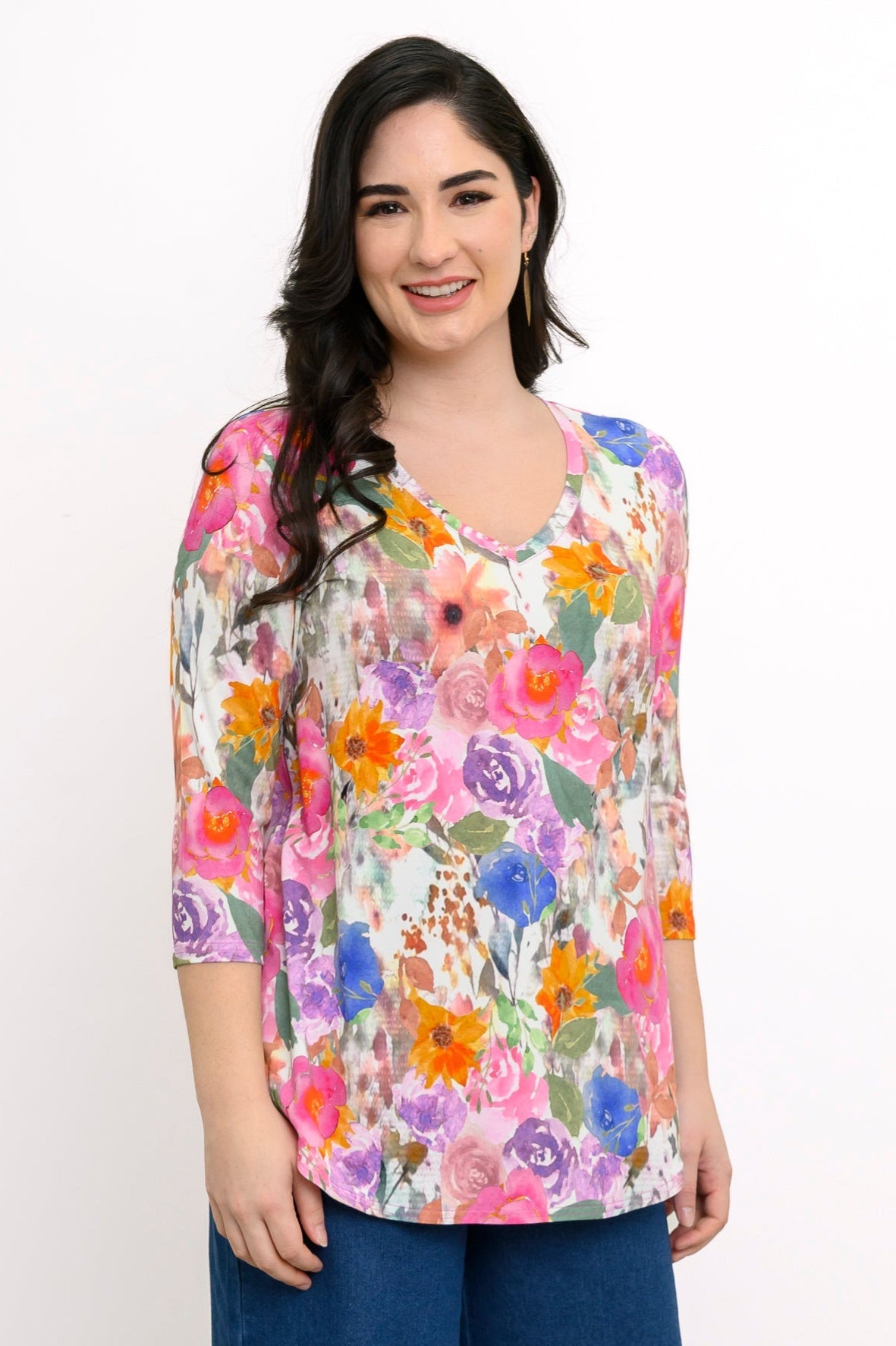 Jackie 3/4 Top, Pink Bouquet, Bamboo