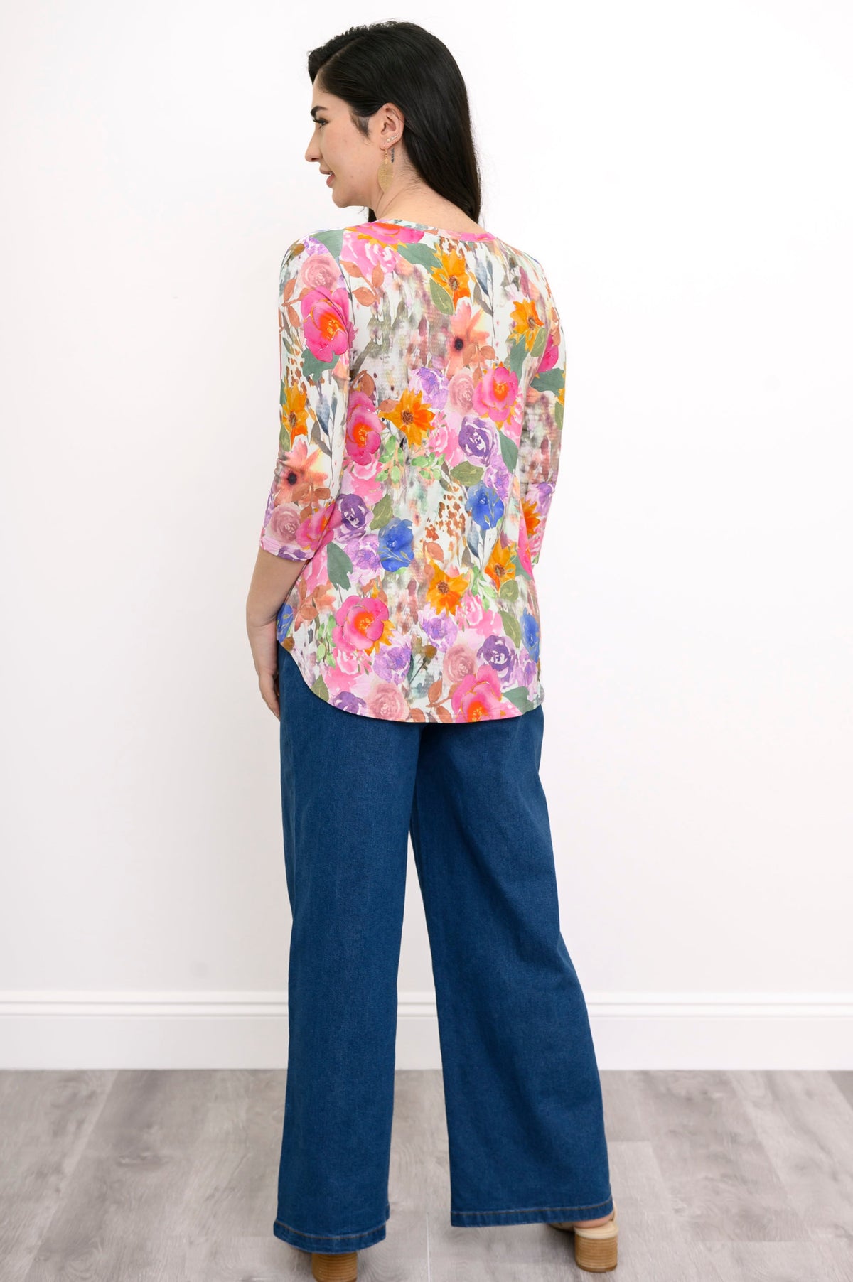 Jackie 3/4 Top, Pink Bouquet, Bamboo