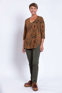 Angled front view of Jackie V-neck bamboo top showing flowy fit and paisley pattern