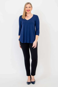 Straight front pose in Jackie V-neck bamboo top, full outfit
