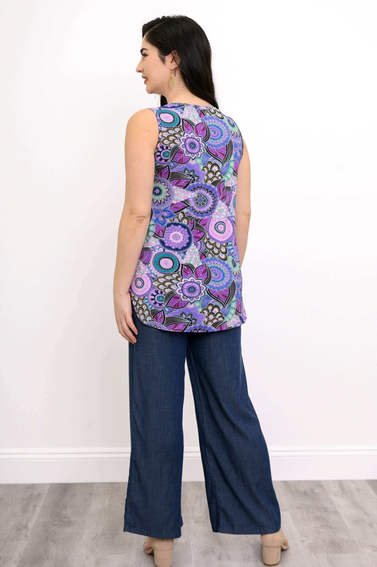 Back view of woman in Jazz Bamboo Tank with vibrant Mosaic Dream print