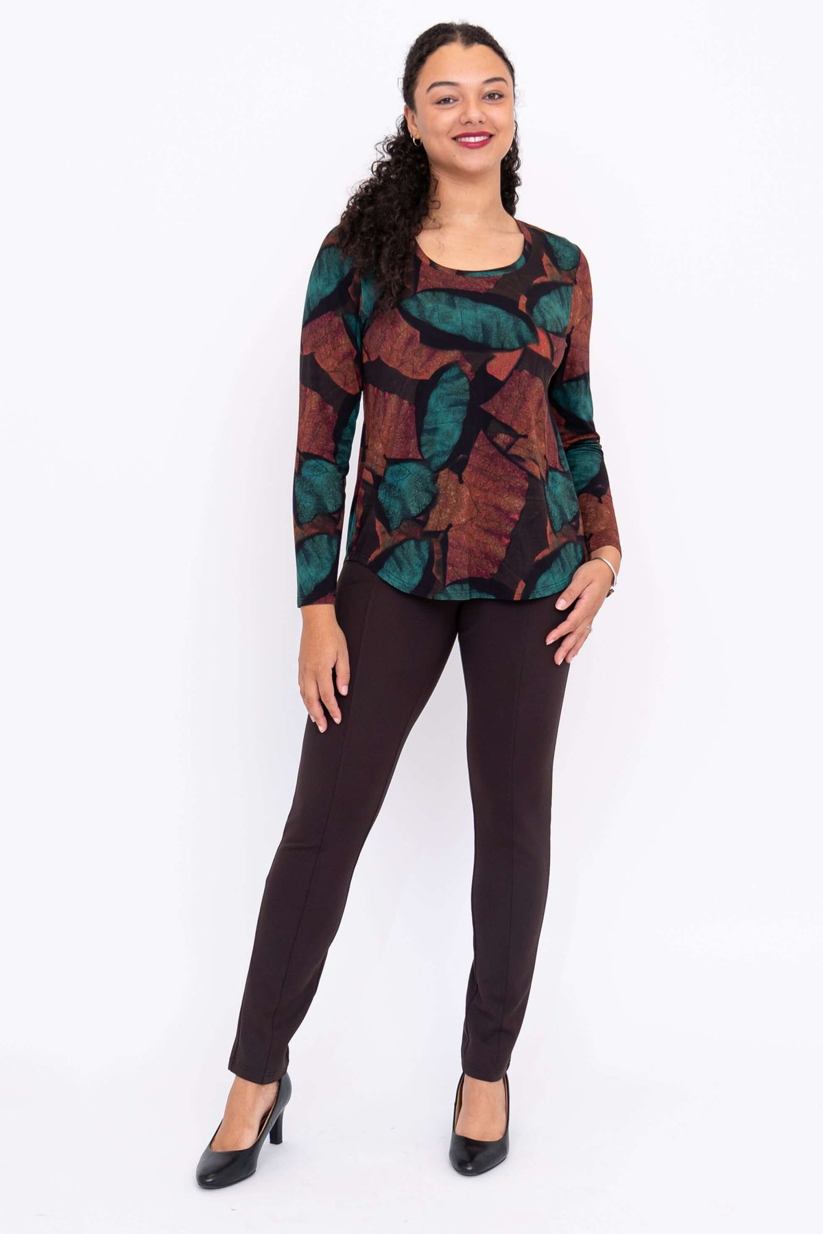 Full view of model in Jazz bamboo top and brown slim pants, front-facing