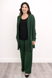 Women's casual dark green lounge pants worn with a coordinating long cardigan as a matching set, front-facing.