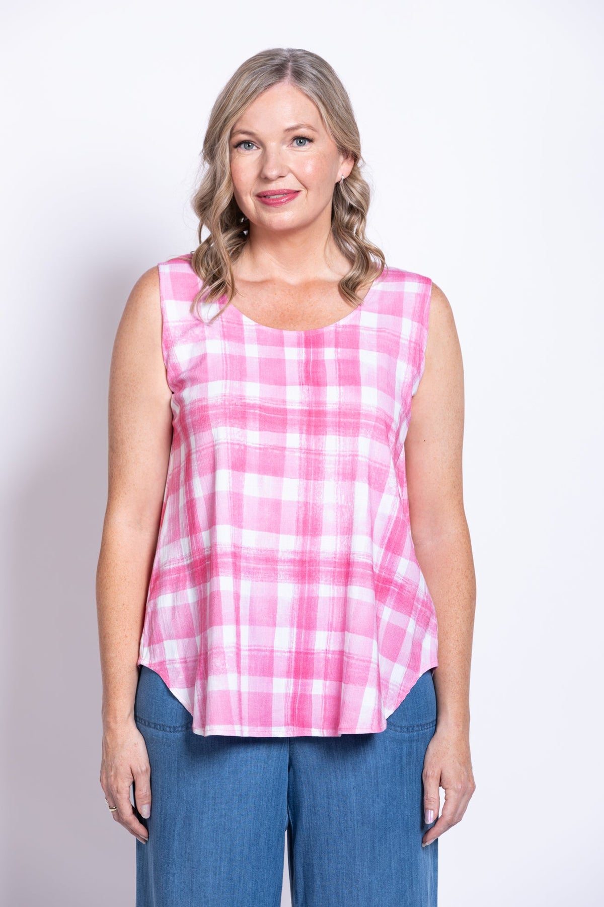 Jimmy Tank, Pink Plaid, Linen Bamboo