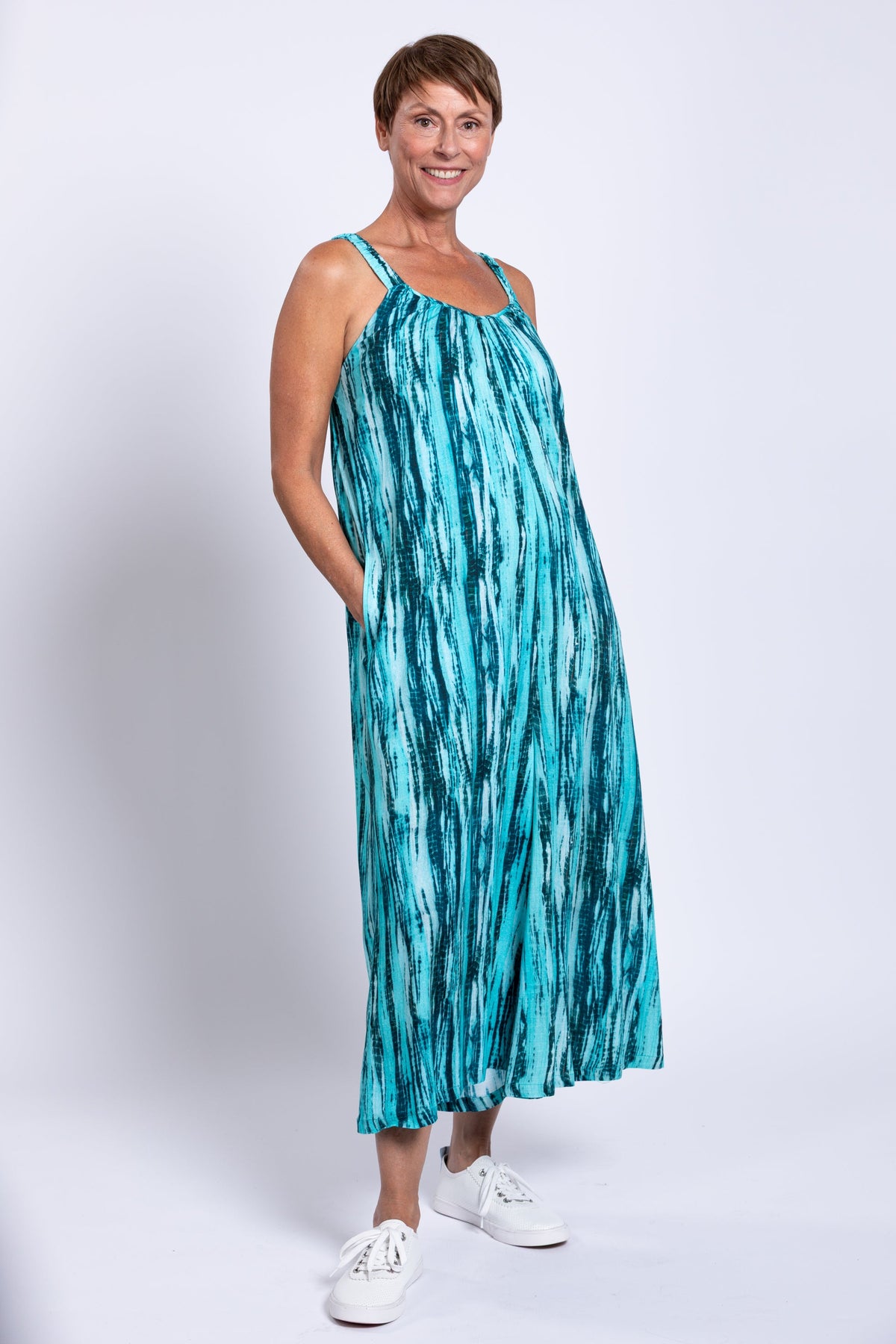 Joanna Jumpsuit, Teal Tie Dye, Linen Bamboo