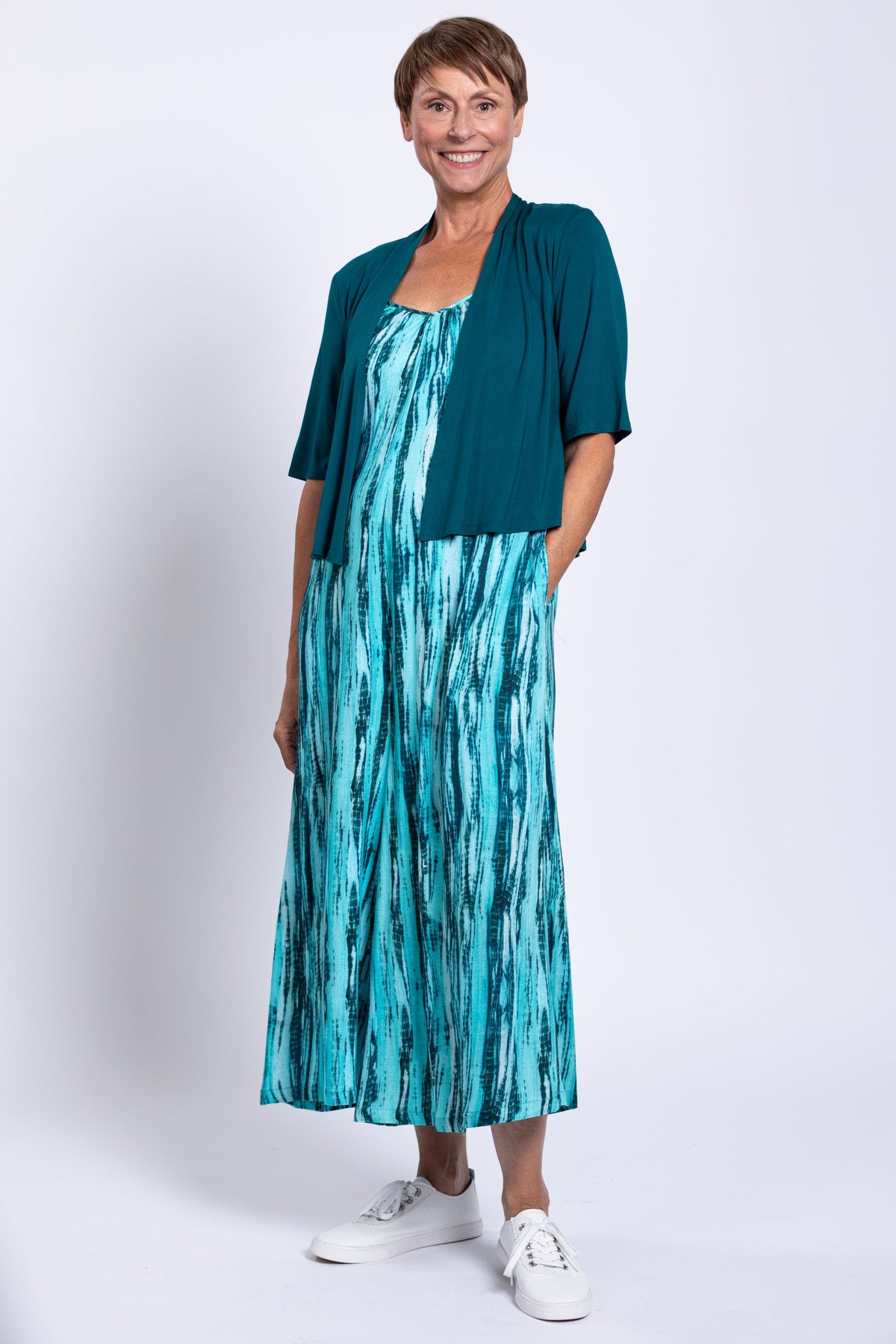 Joanna Jumpsuit, Teal Tie Dye, Linen Bamboo