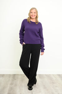 Smiling model in a cozy violet cable-knit pullover and black pants, posing naturally on a white background.