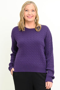 Women's long-sleeve knit top in a vibrant amethyst hue with a round neck, styled against a white backdrop.