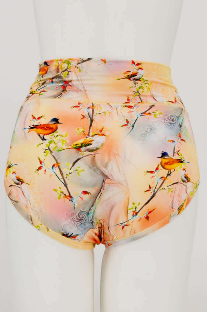 Back view of La Gaunche Birdsong Brief high-waisted underwear with vibrant bird design