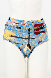 Front view of high-waist brief with colorful guitar print