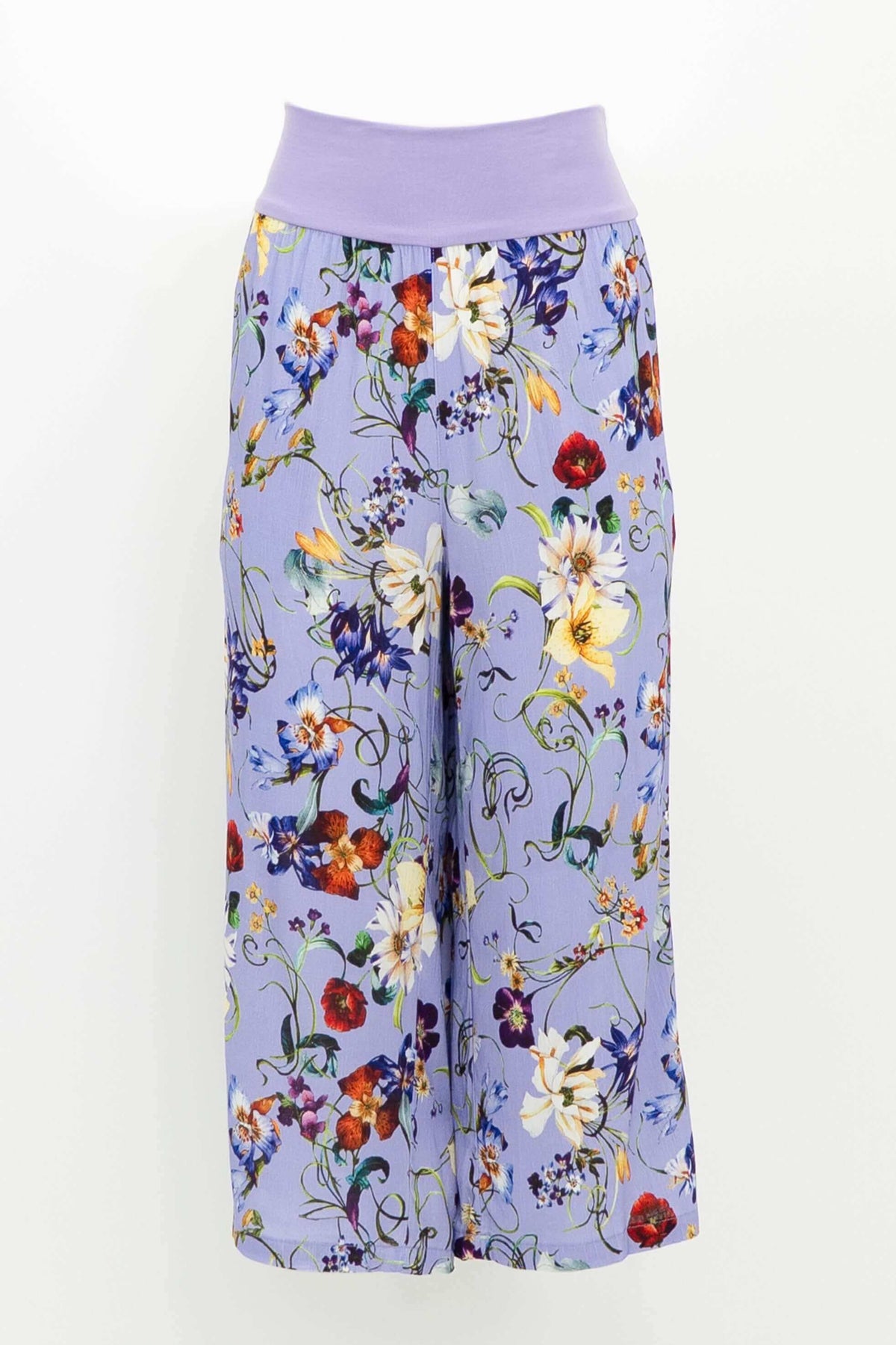Flat lay of Landon Capri pants in purple floral bamboo linen fabric