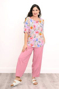 Liza Top, Pink Bouquet, Linen Bamboo