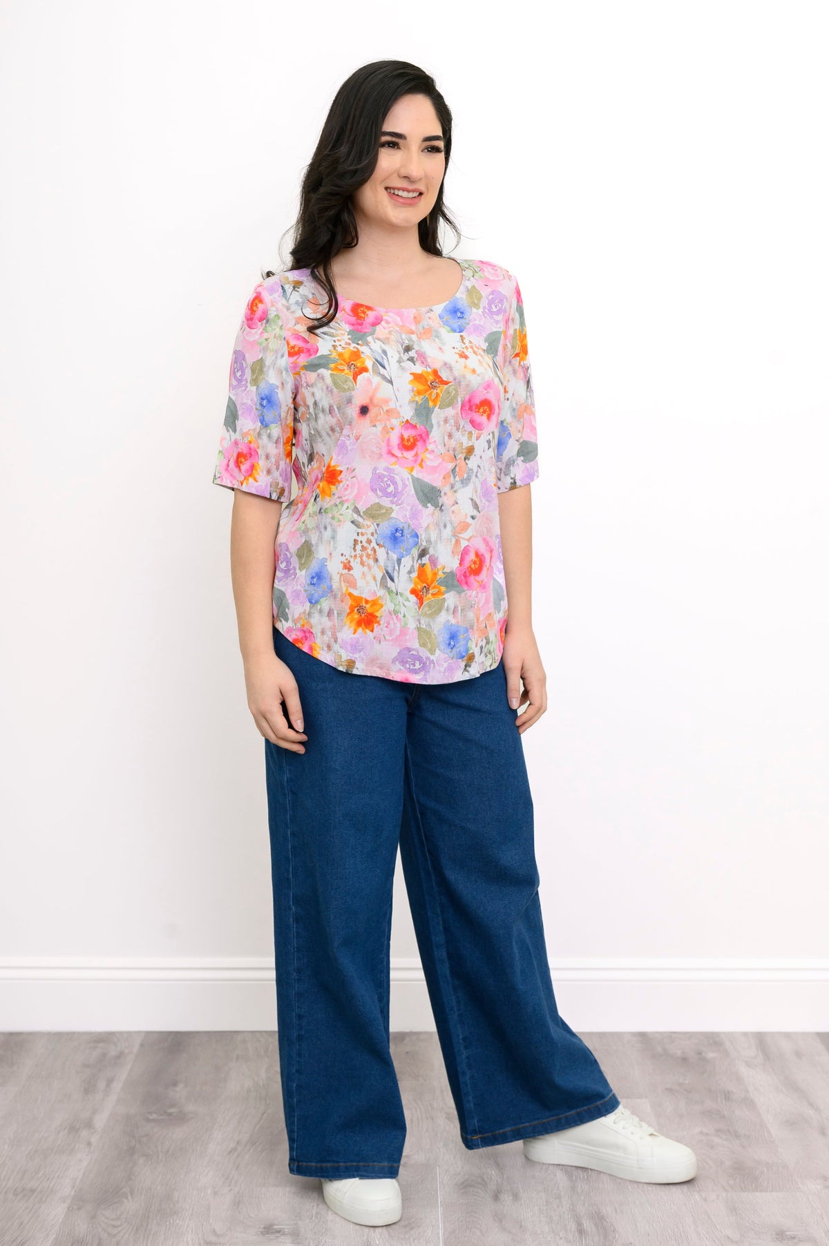 Liza Top, Pink Bouquet, Linen Bamboo