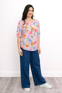 Liza Top, Pink Bouquet, Linen Bamboo