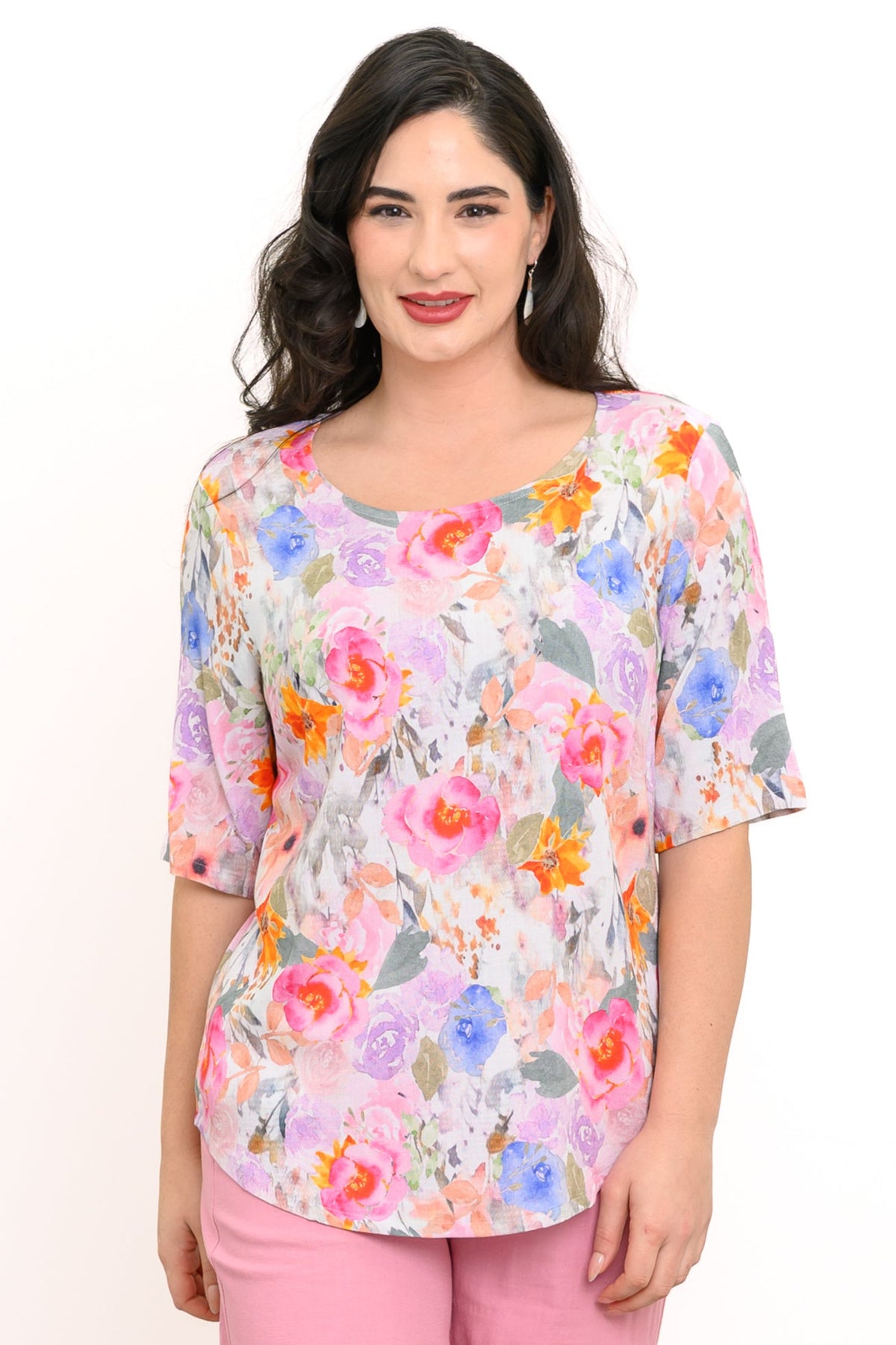 Liza Top, Pink Bouquet, Linen Bamboo