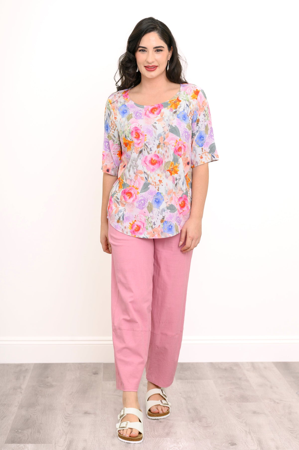 Liza Top, Pink Bouquet, Linen Bamboo
