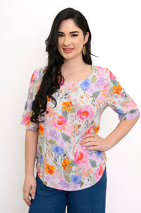 Liza Top, Pink Bouquet, Linen Bamboo
