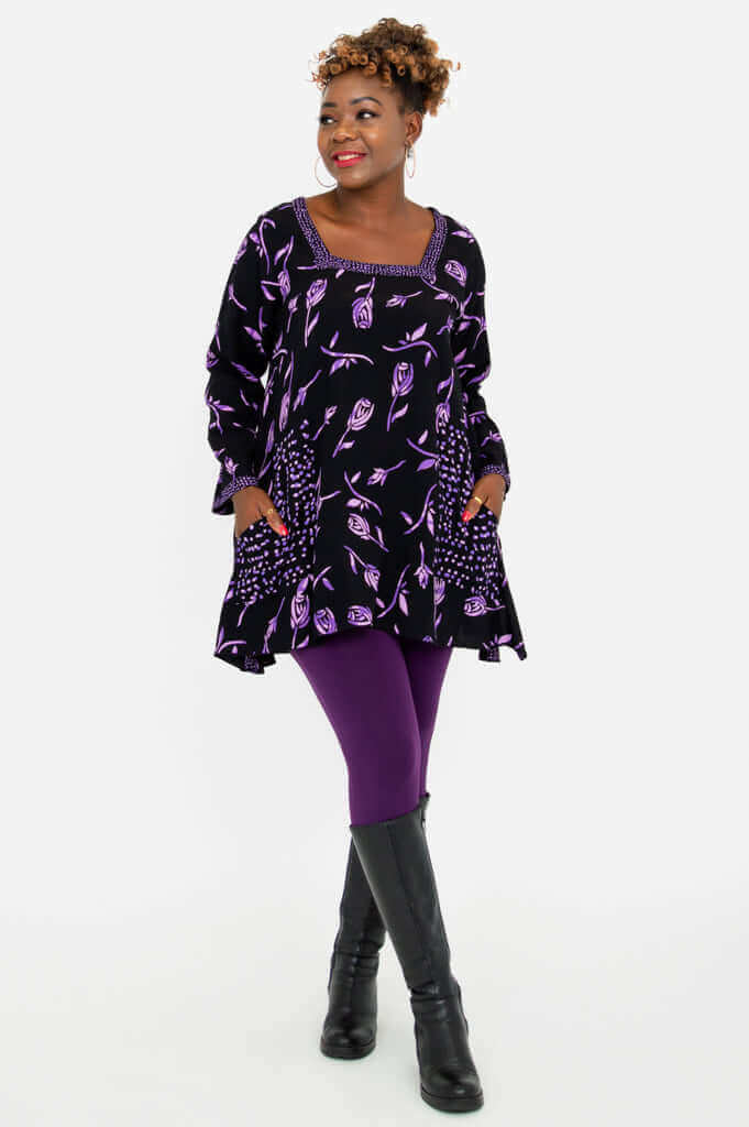 Maria Tunic in purple floral print paired with purple leggings