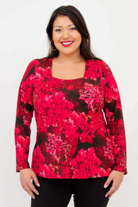 Woman wearing Marissa tunic in Crimson Bloom with square neckline and long sleeves