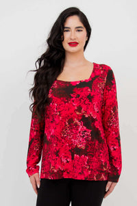 Model posing in Marissa square neck tunic, Crimson Bloom print