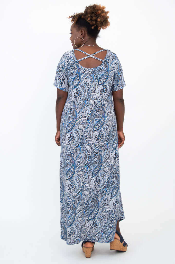 Back view of Martha maxi dress in blue paisley with criss-cross back detail