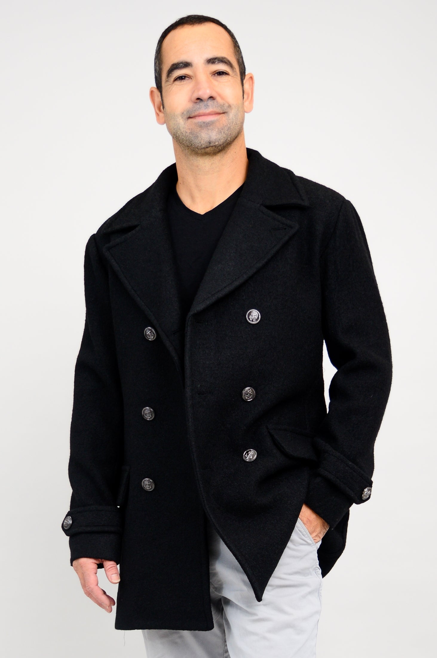 Mens Peacoat, Black, Boiled Wool – LTD USA WEBSITE BLUE SKY