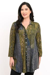 Oversized long-sleeve green and grey patterned bamboo tunic with a shirt collar on a white background.