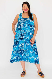 Model wearing sleeveless blue floral square neck dress, front view