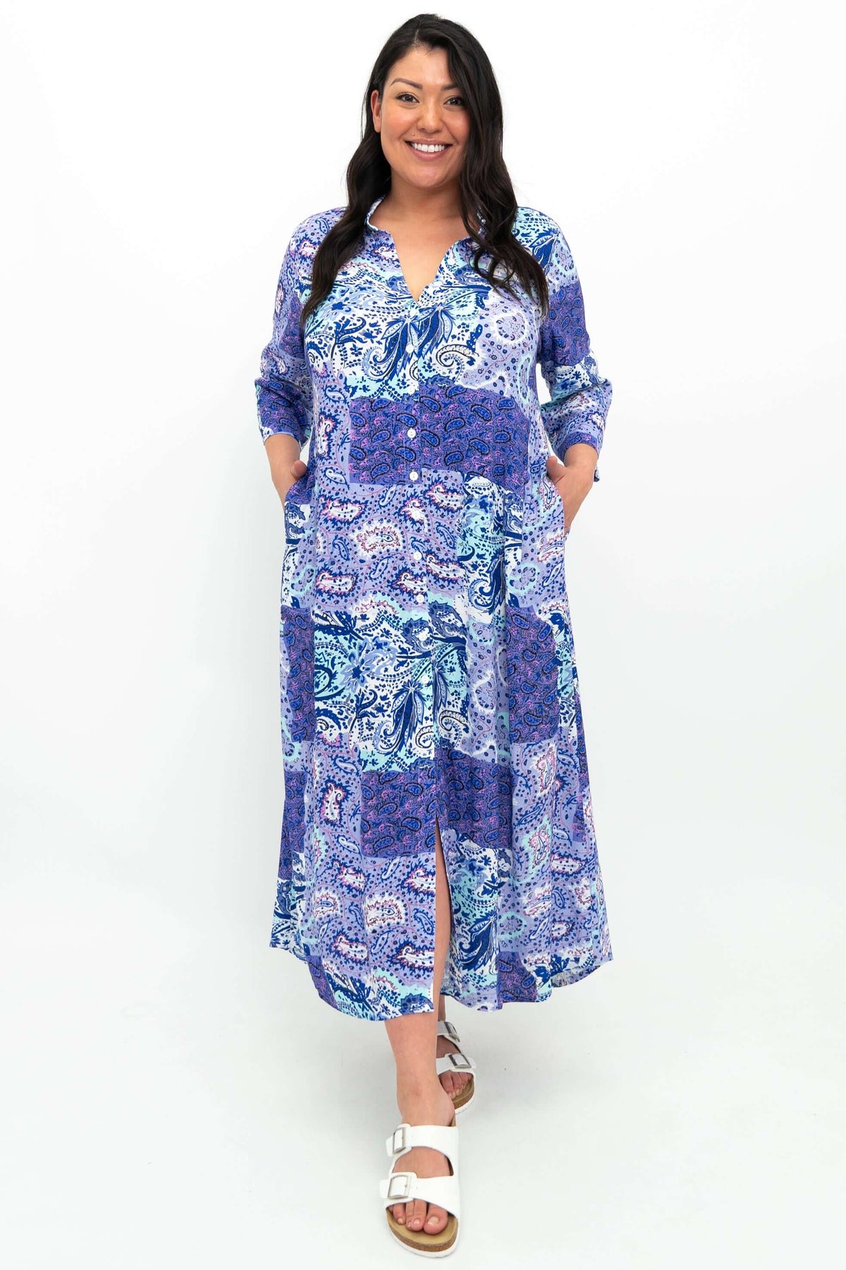Model wearing a blue and purple paisley print bamboo linen maxi shirt dress