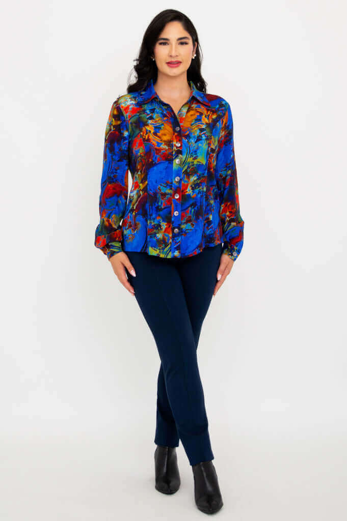 Woman wearing Linzy blouse standing with arms crossed in front