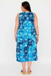 Back view of model wearing blue floral square neck dress