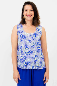Front view of a different model in a blue paisley Ginny Tank with peplum hem