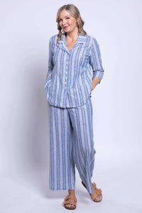 Model wearing full Parker Pant and matching blue striped button-up set