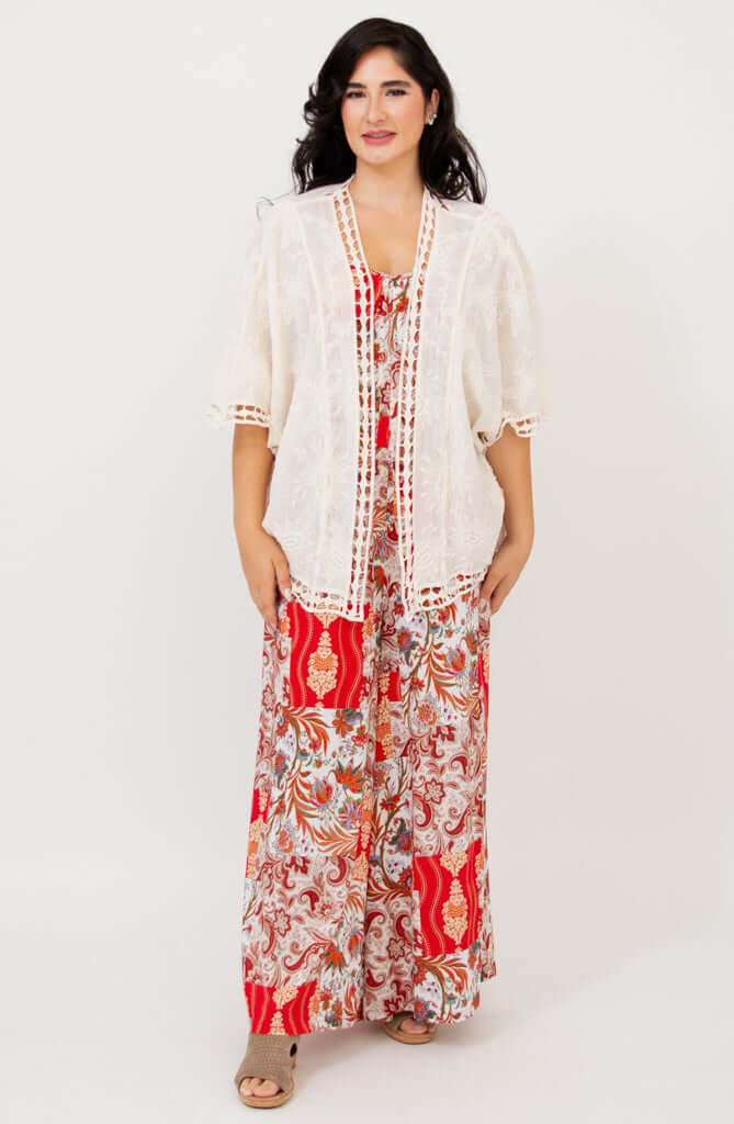 Stylish woman modeling a lace boho kimono cardigan with a red and white maxi dress