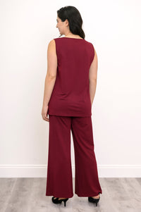 Rear studio shot of a wine red bamboo French terry tank top with a clean straight-cut hem.