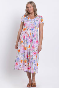 Morgan Dress, Pink Bouquet, Linen Bamboo