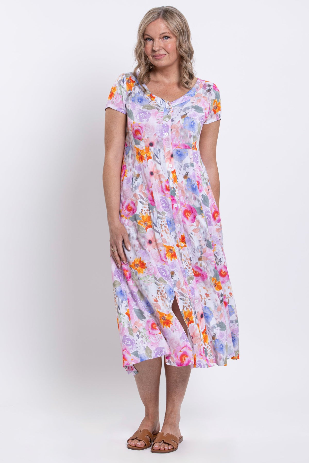 Morgan Dress, Pink Bouquet, Linen Bamboo