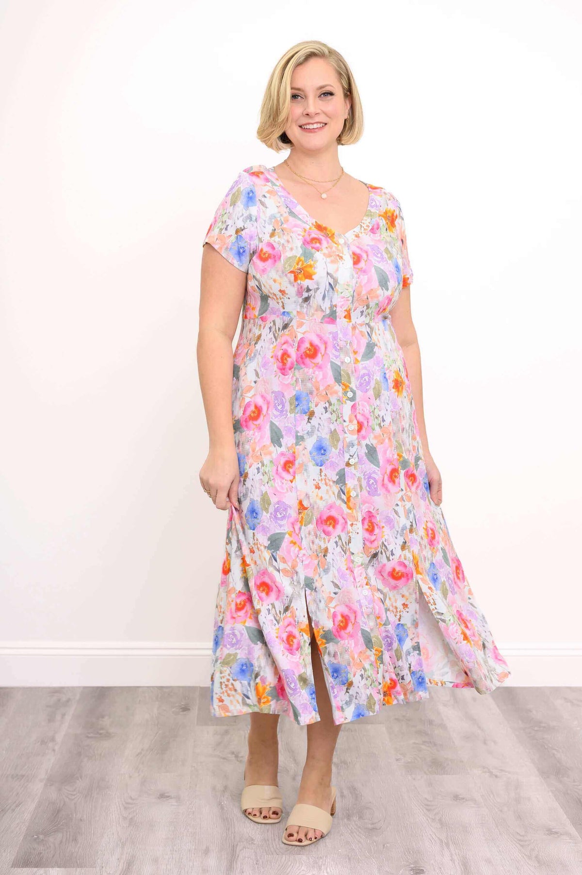 Model wearing the Morgan dress with floral pattern and button front