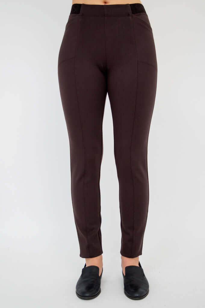 Front view of Nadia slim-line pants in brown highlighting the tailored fit