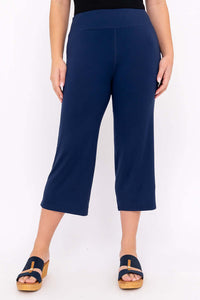 Front view of navy blue yoga capri pants with wide waistband