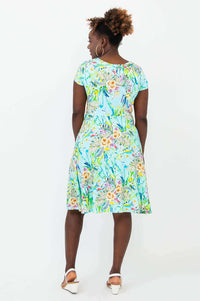 Rear view of woman in Nicola blue floral cap sleeve A-line dress