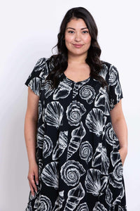 Upper front view highlighting bust gathers and ruffles of Noosa Dress